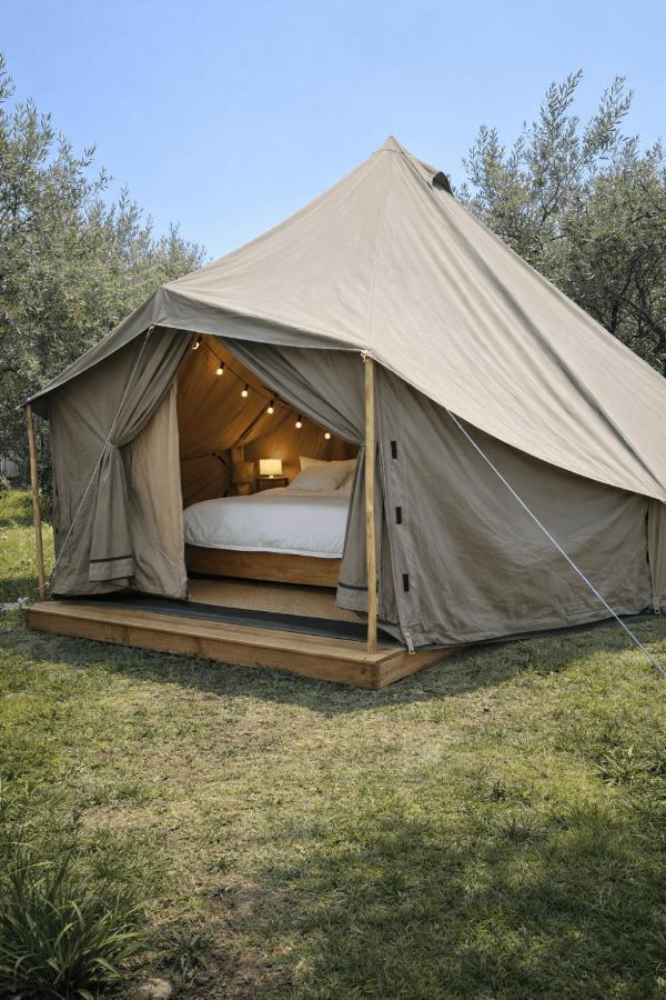 Tenda glamping illuminata sul prato tra gli ulivi